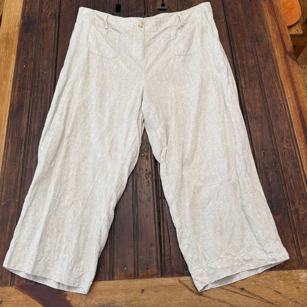 Talbots Women 20W 100 Linen Wide Leg Crop Pant Oatmeal Beige Patch Pocket BD1024